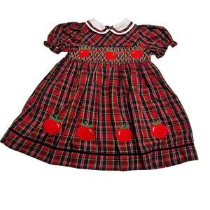 BT Kids 4T Vintage Red Tartan Smocked Apple Appliqued Dress